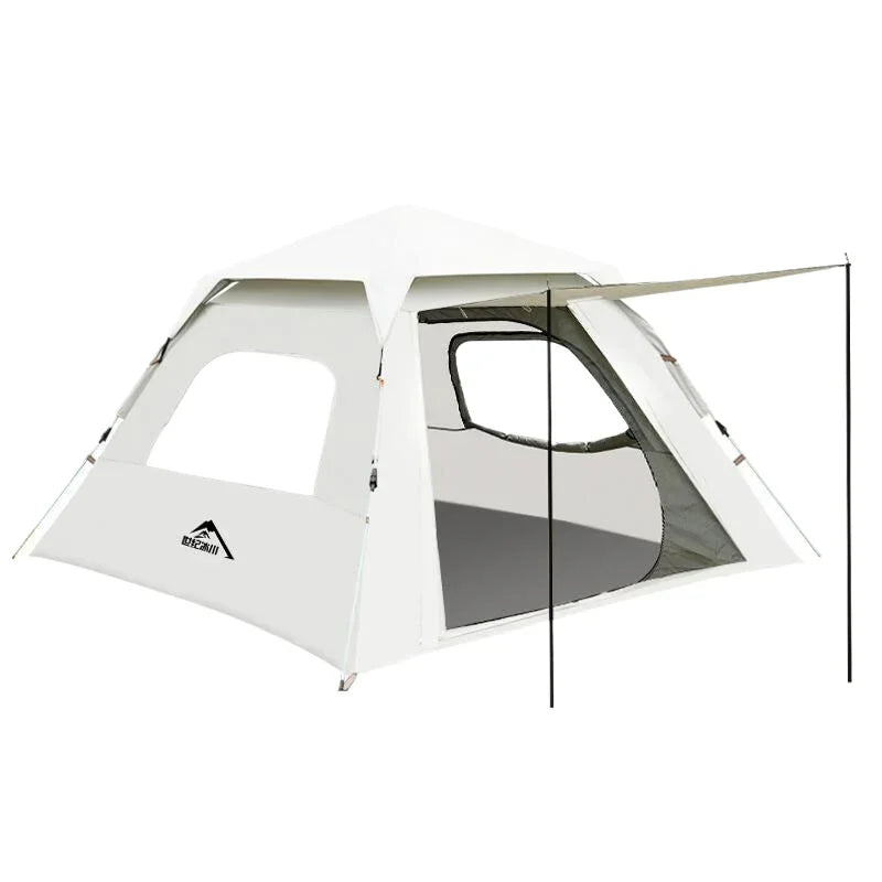 White camping tent with large mesh windows and partial awning supported by poles on white background
