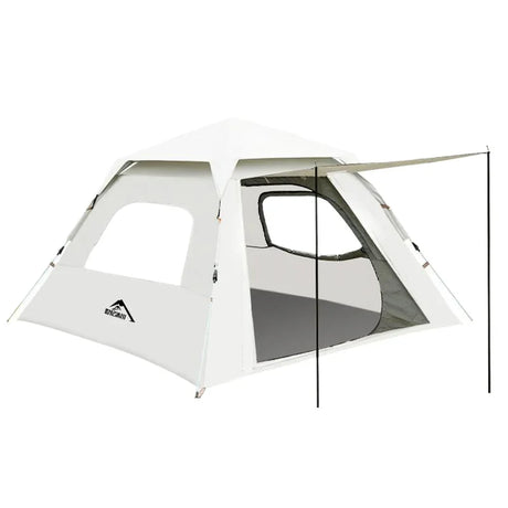 White camping tent with large mesh windows and partial awning supported by poles on white background