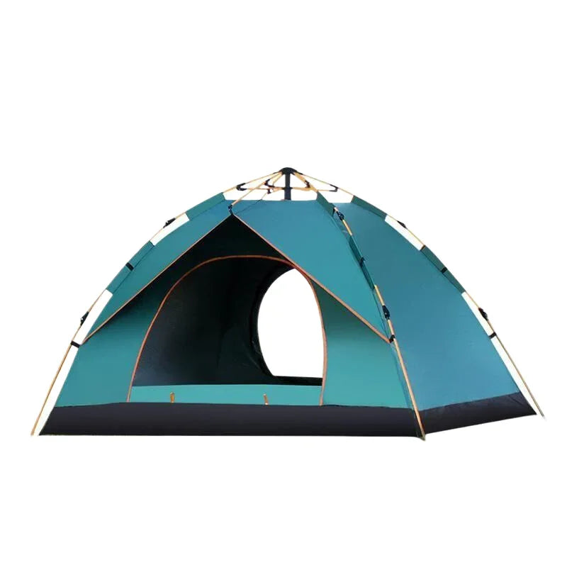 Green and black dome camping tent with open entrance and sturdy frame, isolated on white background