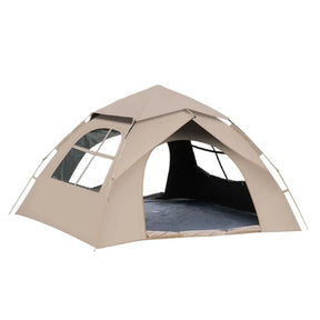 Beige dome camping tent with large mesh windows and black floor, designed for outdoor use