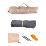 Camping tent gear with beige carry bag, rolled gray tent fabric, beige ground cloth, metal stakes, and orange rope on white background