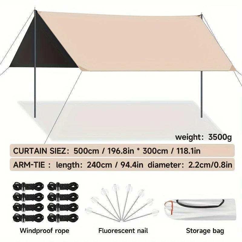 Outdoor Camping Sky Curtain 500x300cm Black Glue Sun Rain Protection Tarp
