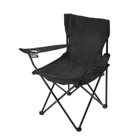 Black foldable camping chair with armrests and cup holders, lightweight outdoor chair