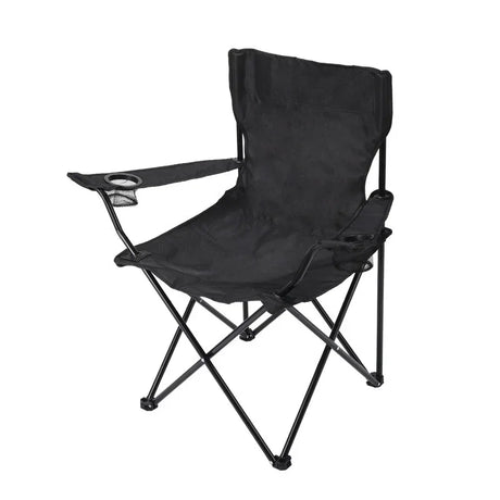 Black foldable camping chair with armrests and cup holders, lightweight outdoor chair