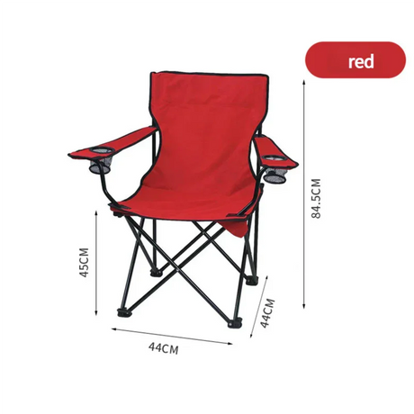 Red folding camping chair with black frame, armrests with cup holders, and dimensions marked
