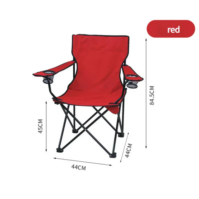 Red folding camping chair with black frame, armrests with cup holders, and dimensions marked