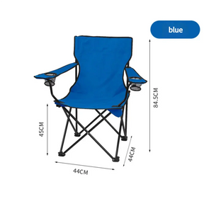 Blue folding camping chair with black frame and cup holders, dimensions labeled in centimeters