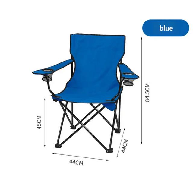 Blue folding camping chair with black frame and cup holders, dimensions labeled in centimeters