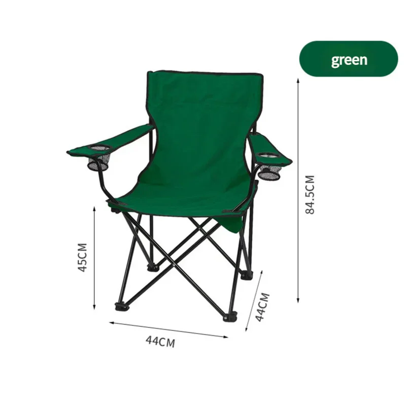 Green folding camping chair with black frame and mesh cup holders, dimensions labeled
