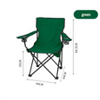 Green folding camping chair with black frame and mesh cup holders, dimensions labeled