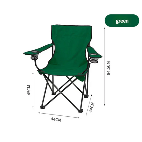 Green folding camping chair with black frame and mesh cup holders, dimensions labeled