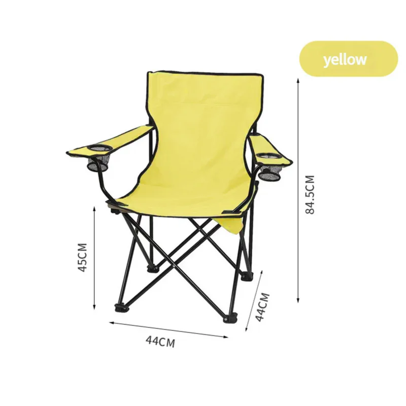 Yellow folding camping chair with cup holders and black metal frame, dimensions labeled 84.5x44x45 cm