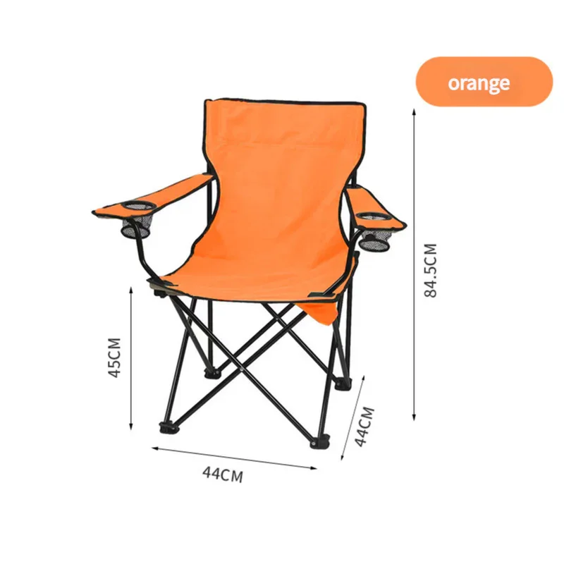 Orange folding camping chair with black frame and cup holders, dimensions 84.5x44x45 cm