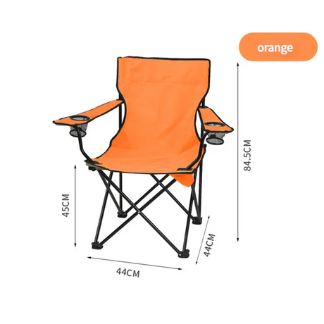 Orange folding camping chair with black frame and cup holders, dimensions 84.5x44x45 cm