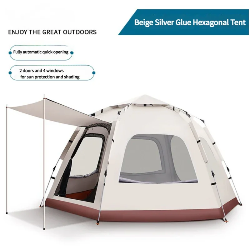 Beige silver glue hexagonal camping tent with 2 doors, 4 windows, and sunshade canopy