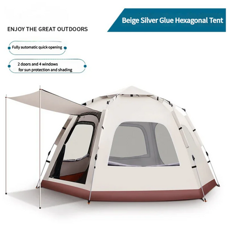 Beige silver glue hexagonal camping tent with 2 doors, 4 windows, and sunshade canopy