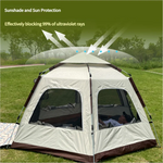 Beige and brown sunshade tent on green grass with UV protection blocking 99% of ultraviolet rays graphics