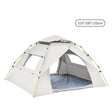 White outdoor dome tent with yellow poles, open entrance, side window, and dimensions 210x200x135cm
