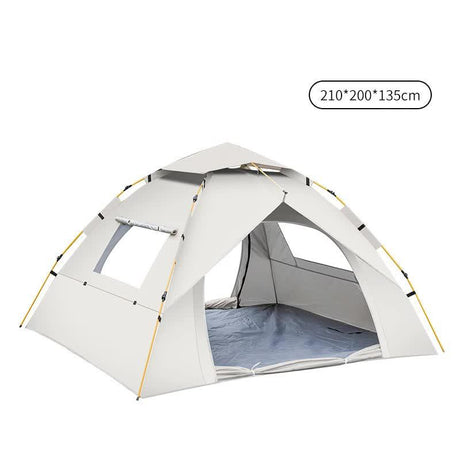 White outdoor dome tent with yellow poles, open entrance, side window, and dimensions 210x200x135cm