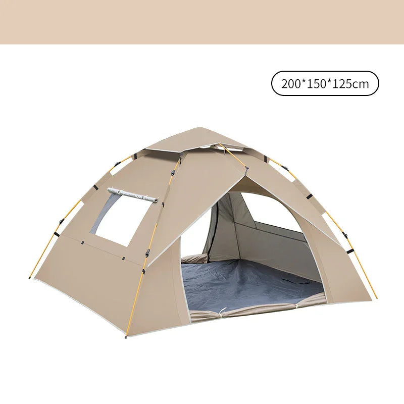 Beige camping tent with open entrance and window, measuring 200x150x125cm, lightweight poles