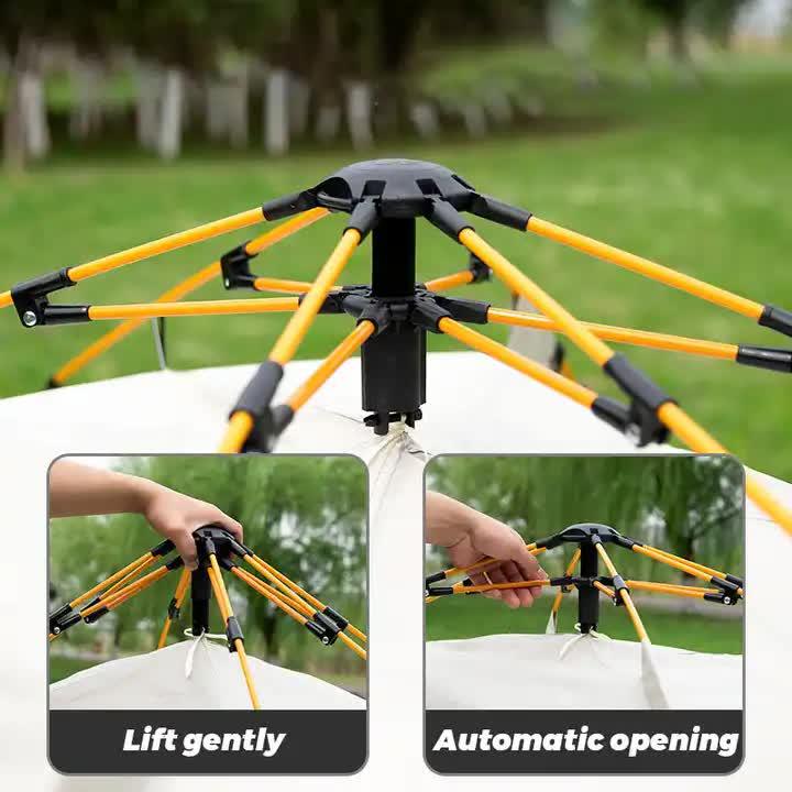 Close-up of a black and yellow automatic tent frame mechanism with outdoor green background, demonstrating lift gently and automatic opening features