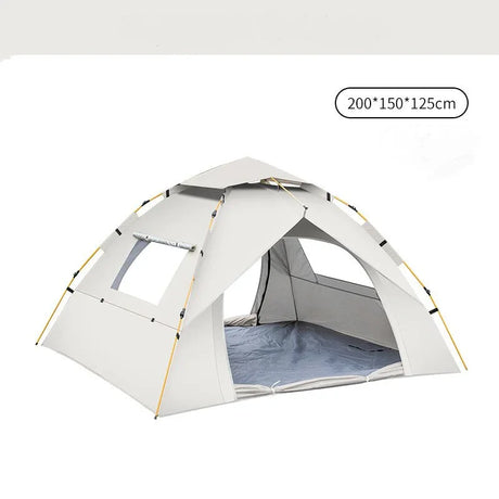 White outdoor camping tent with yellow poles, open front, mesh window, 200x150x125cm dimensions