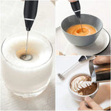 Electric milk frother whisk creating foam in glass, mixing eggs in bowl, and frothing coffee latte art