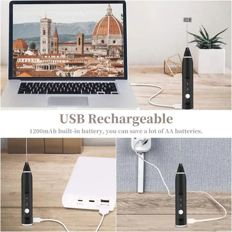 USB rechargeable black electric cleaning brush with 1200mAh battery charging from laptop, power bank, and wall outlet