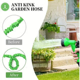 Hand holding green anti kink garden hose spray nozzle watering outdoor plants near house steps