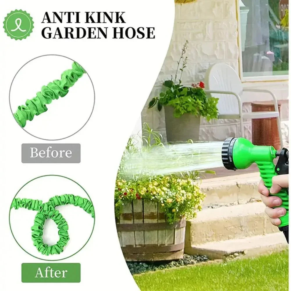 Hand holding green anti kink garden hose spray nozzle watering outdoor plants near house steps