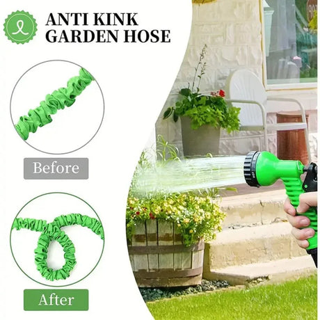 Hand holding green anti kink garden hose spray nozzle watering outdoor plants near house steps