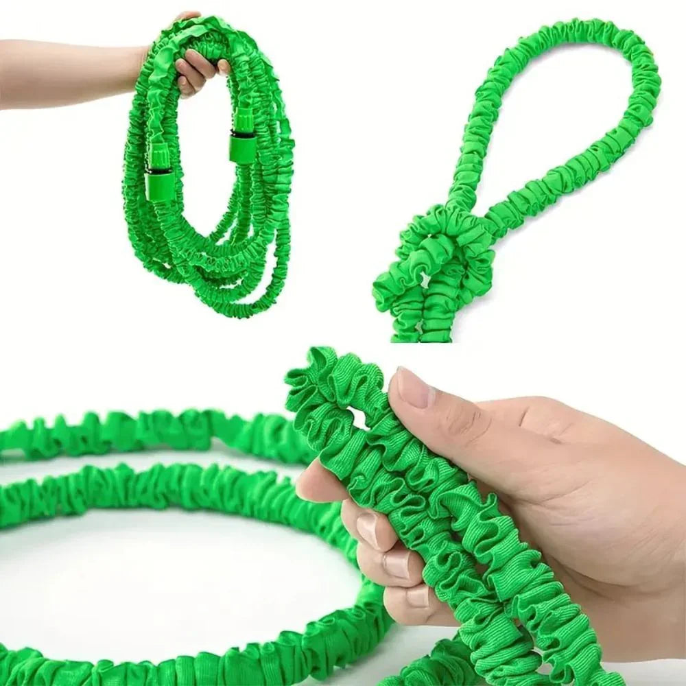 Stretchy green expandable garden hose held and looped, shown in three close-up views on white background