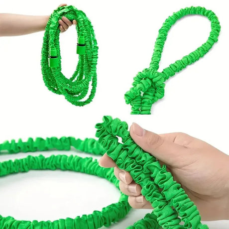 Stretchy green expandable garden hose held and looped, shown in three close-up views on white background