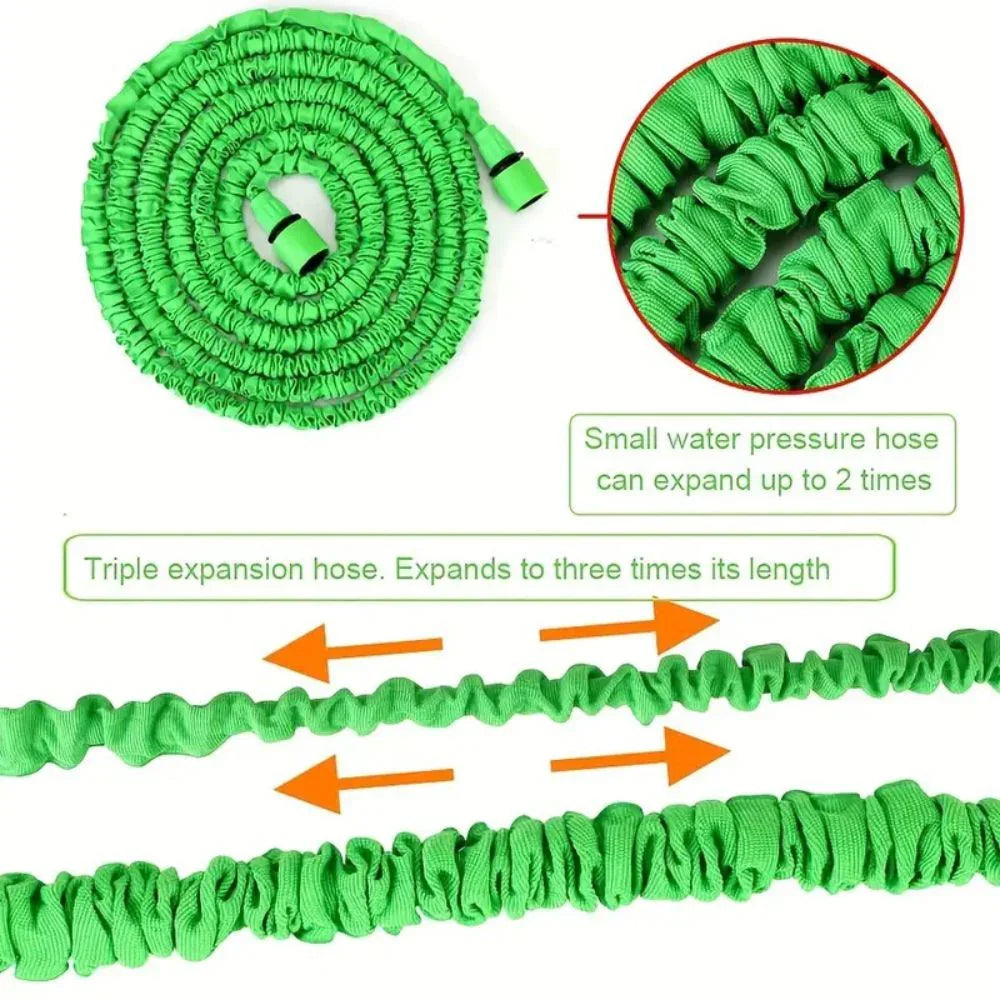 Green expandable garden hose coiled and extended, triple expansion hose up to three times length