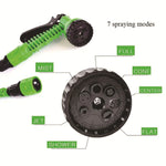 Green garden hose nozzle with black head displaying 7 spraying modes: mist, jet, shower, full, cone, center, flat
