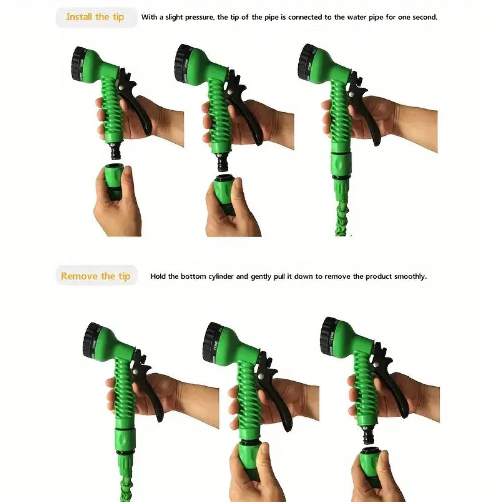 Step-by-step guide showing hands installing and removing green garden hose spray nozzle tip