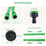 Green expandable garden hose with 1/2 inch quick connect fittings and multi-function spray nozzle showing seven spray modes
