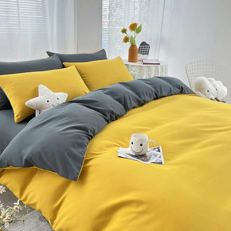 Yellow and Grey 4-Piece Cotton Bedding Set Double - Duvet Cover 200x230cm with Bed Sheet