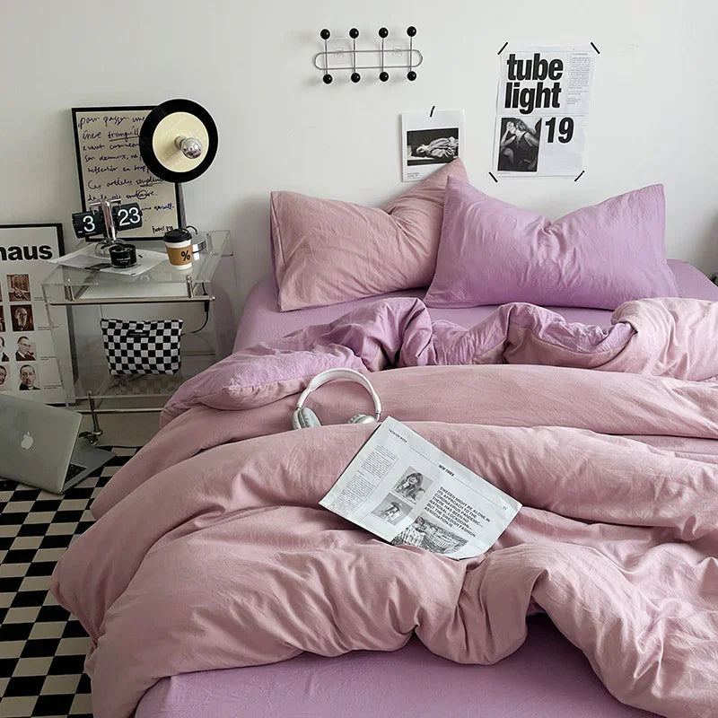 Purple 4-Piece Cotton Bedding Set 1.5m - Duvet Cover 200x230cm with Fitted Sheet