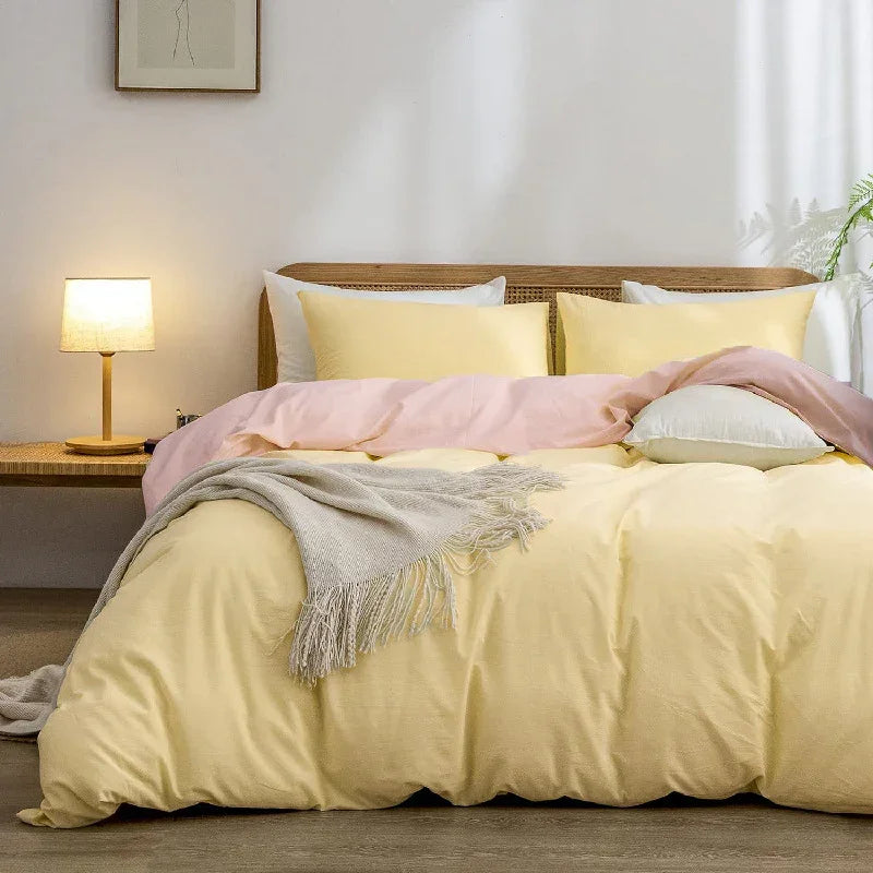 Luxurious Soft Brushed Microfiber 4-Piece Bedding Set Double Yellow Pink - Duvet Cover with Fitted Sheet