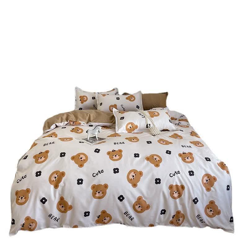 Cartoon Bear 4-Piece Bedding Set Kids Single - Soft Cute Comforter with Pillowcases