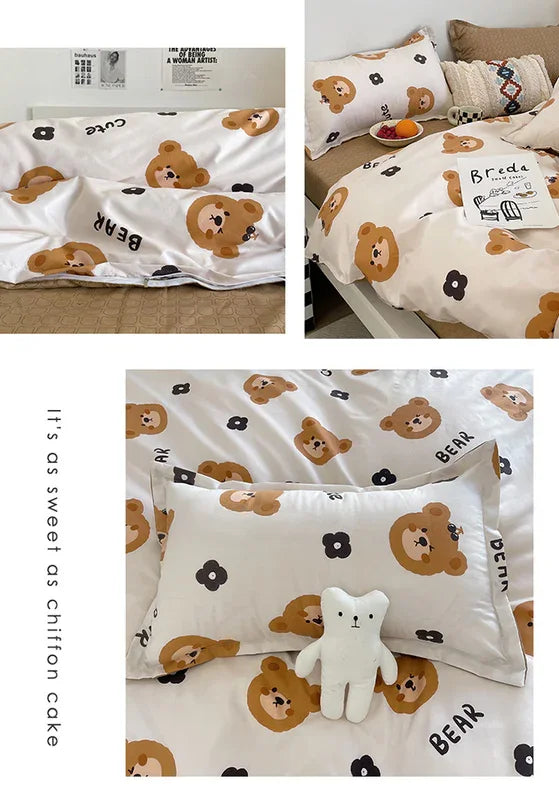 Cartoon Bear 4-Piece Bedding Set Kids Single - Soft Cute Comforter with Pillowcases