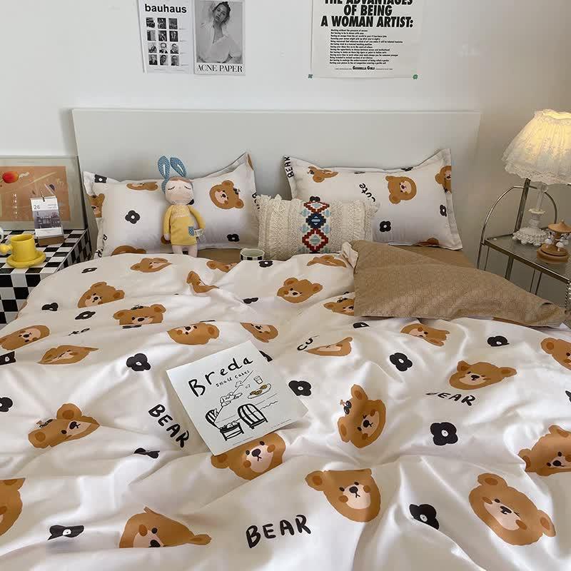 Cartoon Bear 4-Piece Bedding Set Kids Double - Soft Cute Comforter with Pillowcases