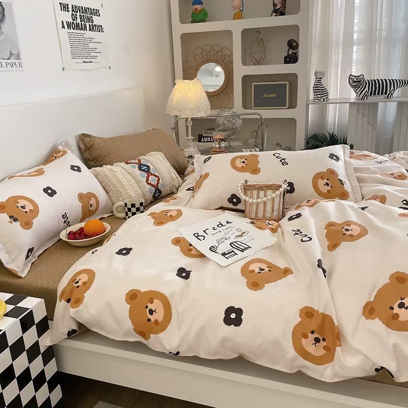 Cartoon Bear 4-Piece Bedding Set Kids Double - Soft Cute Comforter with Pillowcases