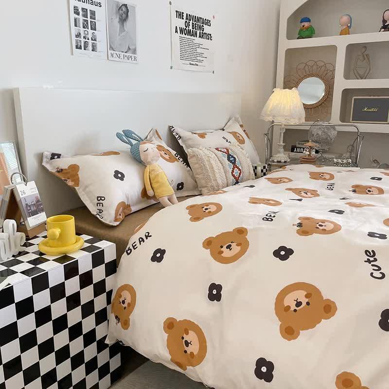 Cartoon Bear 4-Piece Bedding Set Kids Double - Soft Cute Comforter with Pillowcases