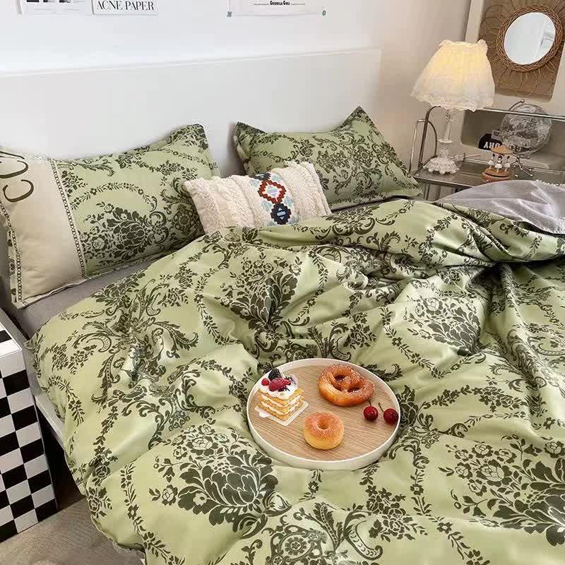 Green Floral 4-Piece Bedding Set Kids Single - Soft Lovely Comforter with Pillowcases