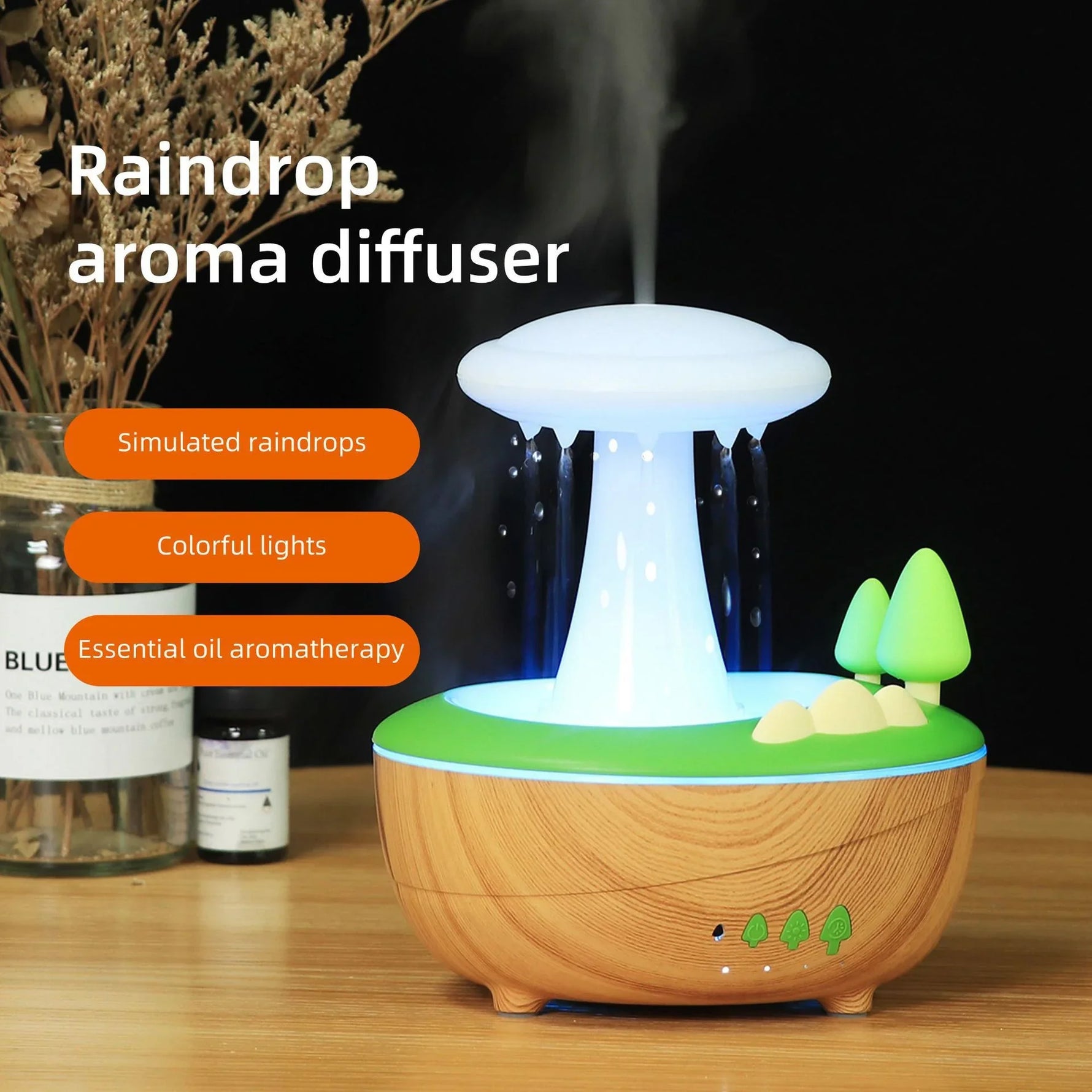 Raindrop Mushroom Aroma Diffuser 280ml - Light Woodgrain Ultrasonic LED Humidifier