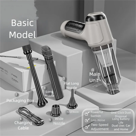 Handheld cordless vacuum cleaner with multiple nozzles, charging cable, and packaging box.