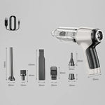 Handheld cordless vacuum with USB cable and six nozzle attachments, measurements included.