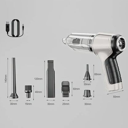 Cordless handheld vacuum with USB cable and six nozzle attachments on gray background